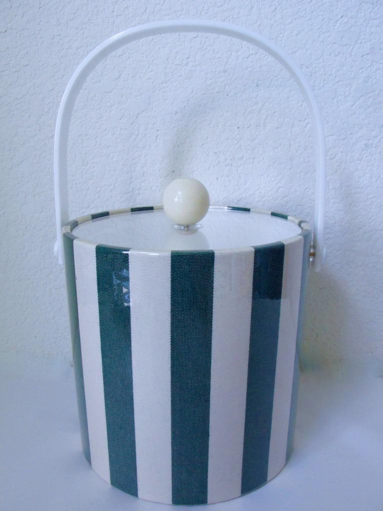 Vtg Kraftware Vinyl Ice Bucket Green White Stripe Fabric Lucite Handle Harzfelds - £27.88 GBP