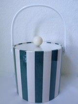 Vtg Kraftware Vinyl Ice Bucket Green White Stripe Fabric Lucite Handle Harzfelds - £27.32 GBP