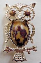 GERRYS Vintage Owl Brooch Marbled Cabochon Belly &amp; Eyes Gold Tone Cute! EUVC - £27.50 GBP