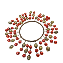 Vintage Handmade Mini Beaded Christmas Wreath Decoration Red Gold 7.25&quot; - £13.35 GBP