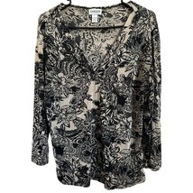 Chico&#39;s Travelers Blouse Chico&#39;s Size 2 Large Black Tan Floral Acetate Spandex - £9.56 GBP