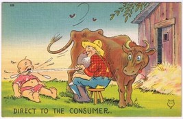 Postcard Comic Direct To The Consumer Milking Cow To Baby&#39;s Mouth - £6.10 GBP