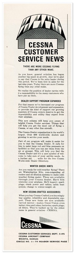 Print Ad Cessna Aircraft Co Customer Service News 1965 1/3-Page Advertis... - $9.70