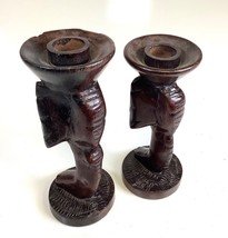 Pair of Vtg Hand Carved Elephant Trunk Primitive Folk Art Wooden Candle Holders - $27.12