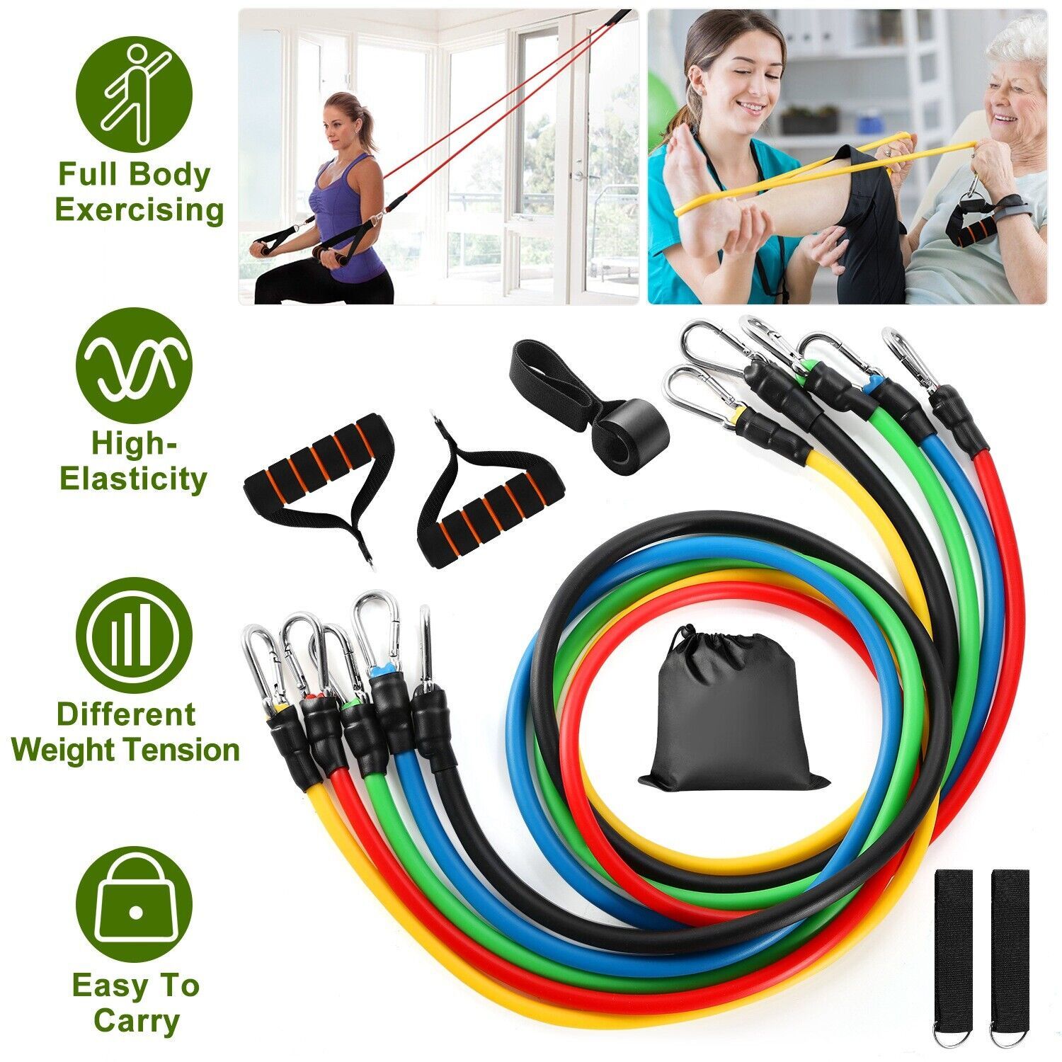 11Pcs Resistance Band Set Yoga Pilates Exercise Fitness Tube Body Workout Bands
