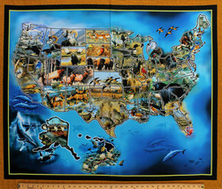 36&quot; X 44&quot; Panel United States of America Wildlife USA Map Cotton Fabric D576.33 - £26.70 GBP