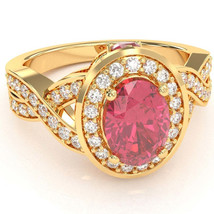Three Stone Pink Tourmaline Diamond Halo Engagement Ring In 14k Yellow Gold - £763.25 GBP
