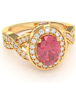 Three Stone Pink Tourmaline Diamond Halo Engagement Ring In 14k Yellow Gold - £741.22 GBP