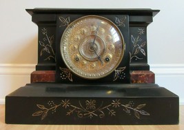 antique CAST IRON mantel clock rare ANSONIA floral black NEW YORK beautiful! - £238.21 GBP
