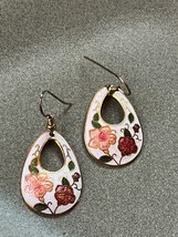 White Enamel Open Teardrop w Pink Flowers Goldtone Cloisonne Dangle Earrings for - £7.46 GBP
