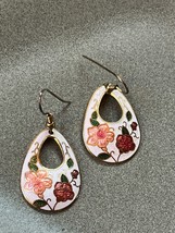 White Enamel Open Teardrop w Pink Flowers Goldtone Cloisonne Dangle Earrings for - $9.49