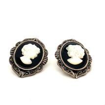 Vtg Signed SU Th Sterling Art Deco Victorian Cameo Mother of Pearl Stud Earrings - £42.52 GBP