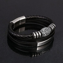 Punk Men Vikings Style Genuine Leather Bracelet Braided Multilayer  Stainless St - £15.88 GBP