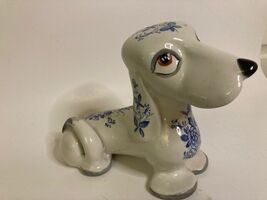 Dachshund Dog Figurine Blue &amp; White Floral MCM 60s Basset Hound Vintage - $29.50