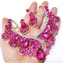 Pink Statement Necklace, Rhinestone Necklace Set, Bridal Pageant Jewelry - £47.14 GBP
