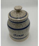 Vintage Art Pottery flour Jar with Lid white and blue strapes with brown... - $19.87