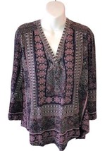 Lucky Brand Top Womens Large Black Boho Embroidered V Neck Long Sleeve C... - £13.19 GBP