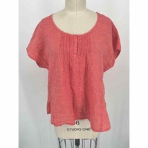 Poetry Women&#39;s Pullover Shirt Sz 10 Coral Pink Linen Pin Tuck Short Slee... - £26.57 GBP
