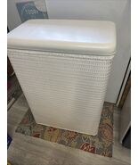 Vintage MCM White Shabby Woven Wicker Laundry Clothes Hamper Basket Padd... - $99.00
