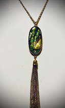  Necklace, Aqua ripple pendant with a gold tassel, including an adjustab... - $31.50
