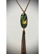  Necklace, Aqua ripple pendant with a gold tassel, including an adjustable chain - $31.50