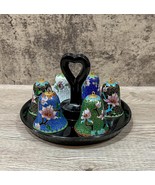 Vintage 6 Colorful Chinese Cloisonné Bell Set on Black Glass Heart Handl... - $115.45 CAD
