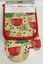 5 Pc Kitchen Set: Pot Holders Towels &amp; Oven Mitt Coffee Cups Red Home - £23.71 GBP