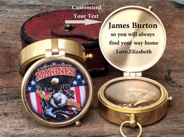 U.S Marine Corps Personalized Engraved Brass Compass Gift With Leather C... - £18.14 GBP