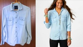 NEW American Eagle Chambray Long Sleeve Shirt Light Blue -S - $634.11 MXN