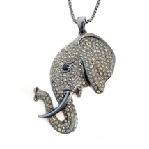 Elephant Head Gray &amp; Black Rhinestones 1 or 2 Strand Pendant Long Necklace 34&quot; - £19.73 GBP