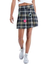 Derek Heart Juniors&#39; Pleated Plaid Patched Skirt Black-Yellow Size Small - $11.88