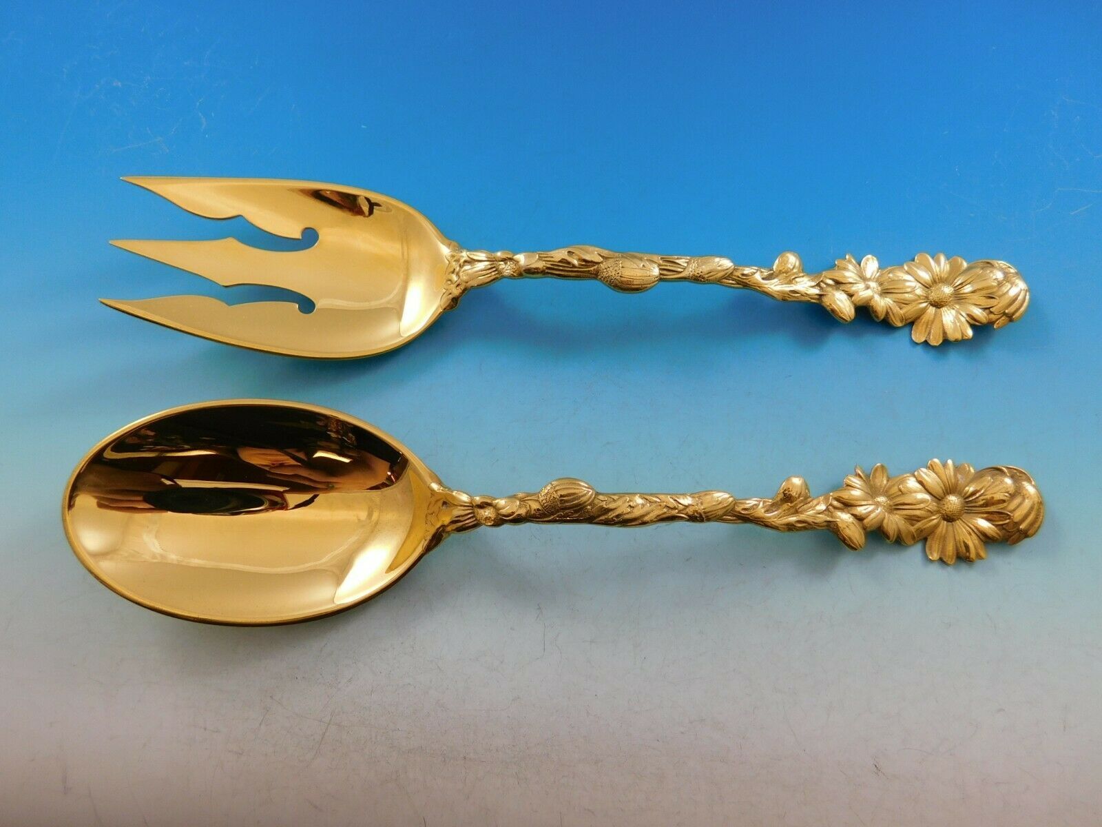 Gorham Sterling Silver Cast Salad Serving Set Daisy Motif c1900 Vermeil #723 - $1,295.91