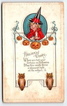 Halloween Postcard Little Girl Witch Owls JOL Pumpkins Candle Bergman E Von H - £48.47 GBP