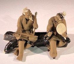 Miniature Ceramic Figurine  Two Men Sitting on Bench Playing Musical Ins... - £7.14 GBP