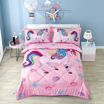 Unicorn Comforter Sets For Girls Queen, Premium 3D Pink Bedding Set, Rai... - $75.04