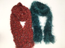 2 Hand Knit Scarves Womens Teal Eyelash Fringe Handmade Red Accessory Textured - £14.08 GBP