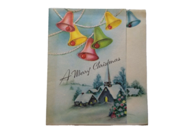 Merry Christmas Greeting Card Vintage Bells Church Mid Century Modern 1946 - $8.90