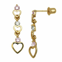 Triple Open Heart Pink &amp; White Sapphire Dangle Stud Earrings 14K Yellow Gold - £64.52 GBP
