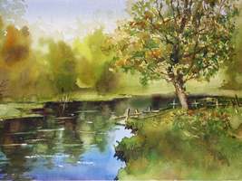 Landscape Watercolor Painting River Tree Original Forest Wall Art Nature Aquarel - £143.88 GBP