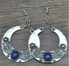 Vintage Bohemian Silver Turquoise Carved Circle Earrings - £9.47 GBP