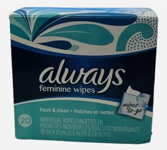 1 Box Always Feminine Wipes Fresh and Clean Individual Wipes to Go 20 count HTF - £20.36 GBP