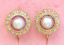 Antique Victorian .60 Rose Diamond Pearl Ruby Halo SCREW-ON Clip Earrings c1880 - £1,792.72 GBP