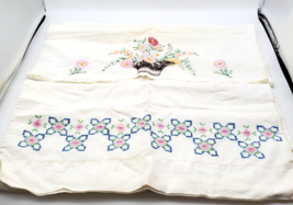 Vintage Embroidered Pillowcases Flower Basket Florals Cross Stitch Two Cases - £9.56 GBP