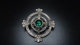 Vintage Silver Celtic Green Rhinestone Brooch 2&quot;  BB2 - £23.89 GBP