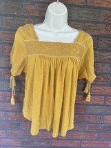 Lucky Brand Yellow Blouse Small Tassel Ties Short Sleeve Embroidery Detail Boho - £5.86 GBP