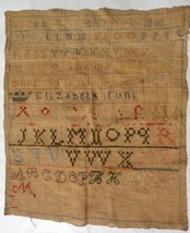 C 1820s Antique Elizabeth Funk Alphabet Sampler Homespun Estate Brown Linen - $173.25