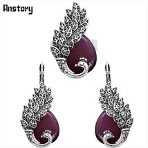 CuteTransparent Purple Opal Peacock Jewelry Sets Earrings Ring For Women Antique - £9.82 GBP