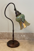 Vintage Goose Neck Desk Lamp with Iridescent Pulled Feather Glass Shade - $599.00