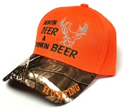Hunting Deer &amp; Drinking Beer Camo Bill Blaze Orange Hat Cap Hunter Adjus... - $9.99