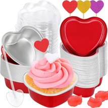 Heart Shaped Cake Pans, 60 Pack 3.4Oz Red Mini Aluminum Foil Baking Cups with Li - £14.91 GBP